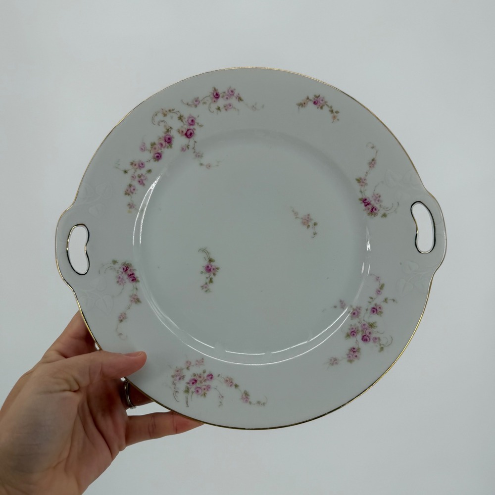 Thomas Bavaria Vintage Porcelain Cake Plate Pink Roses Gold Trim Handled 10in